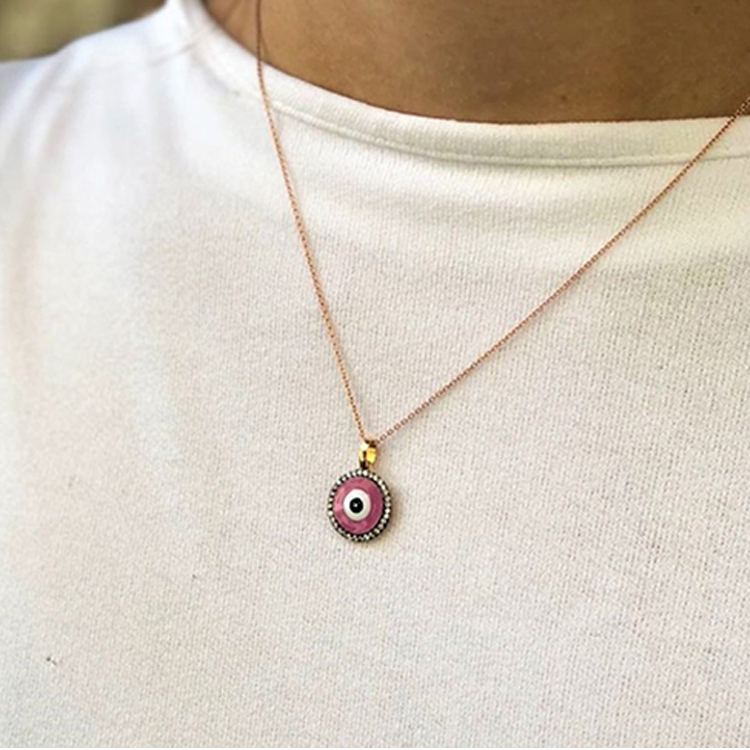 Pembe Mine Nazar Boncuklu Pırlantalı Kolye