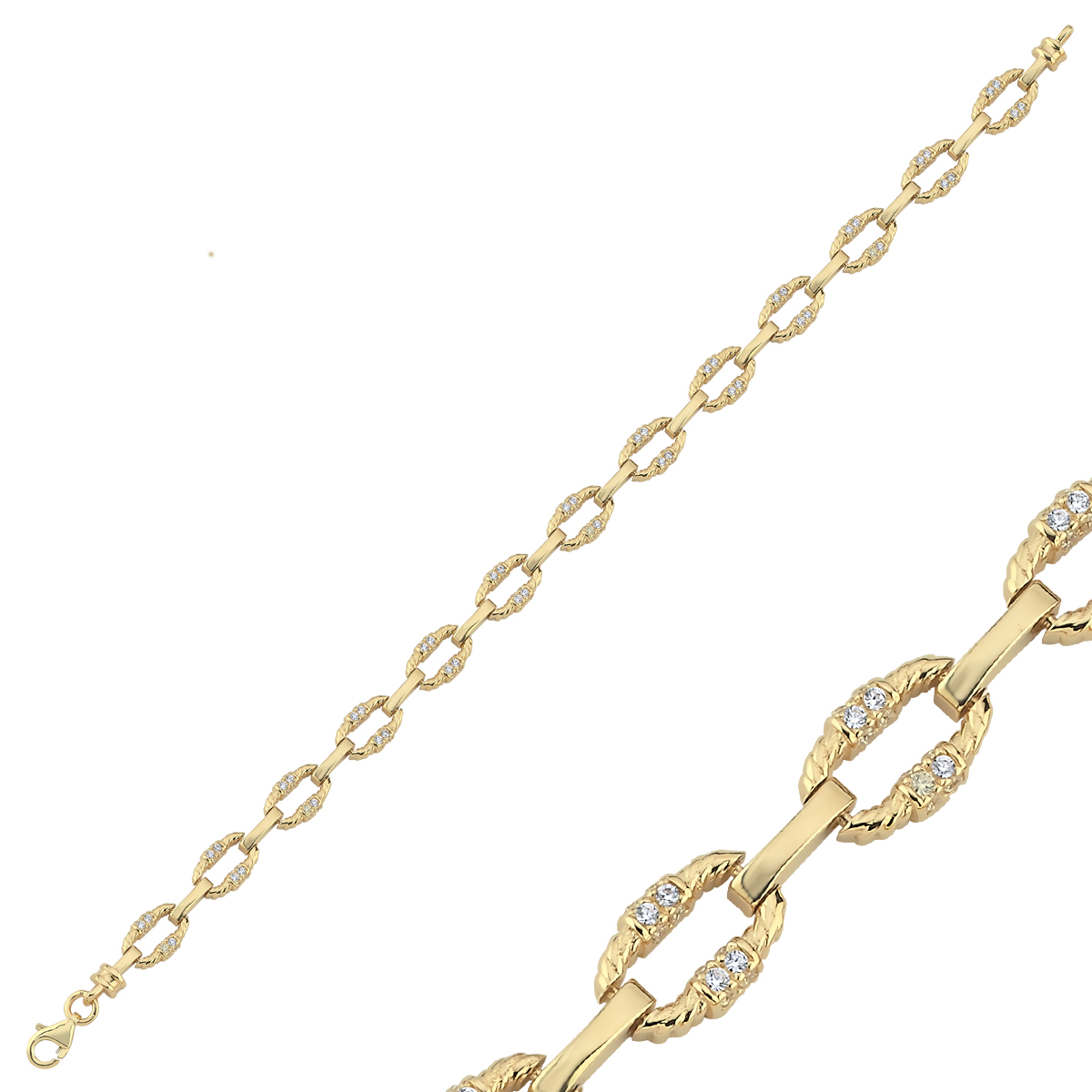 14 Ayar Altın Oval Link Taşlı Bileklik